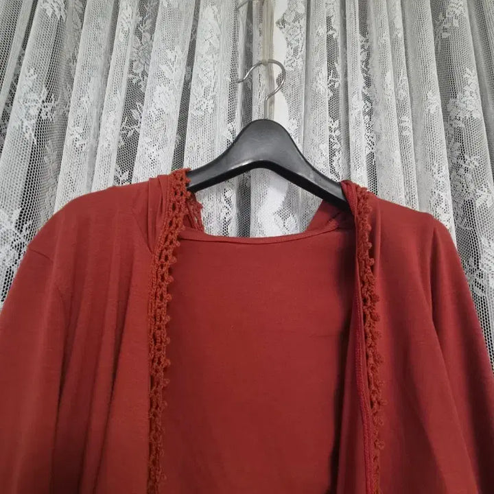 [BUNJANG] Orange Hooded Long Cardigan with Lace Trim / 오렌지색 후드 롱 가디건 레이스 덧댐