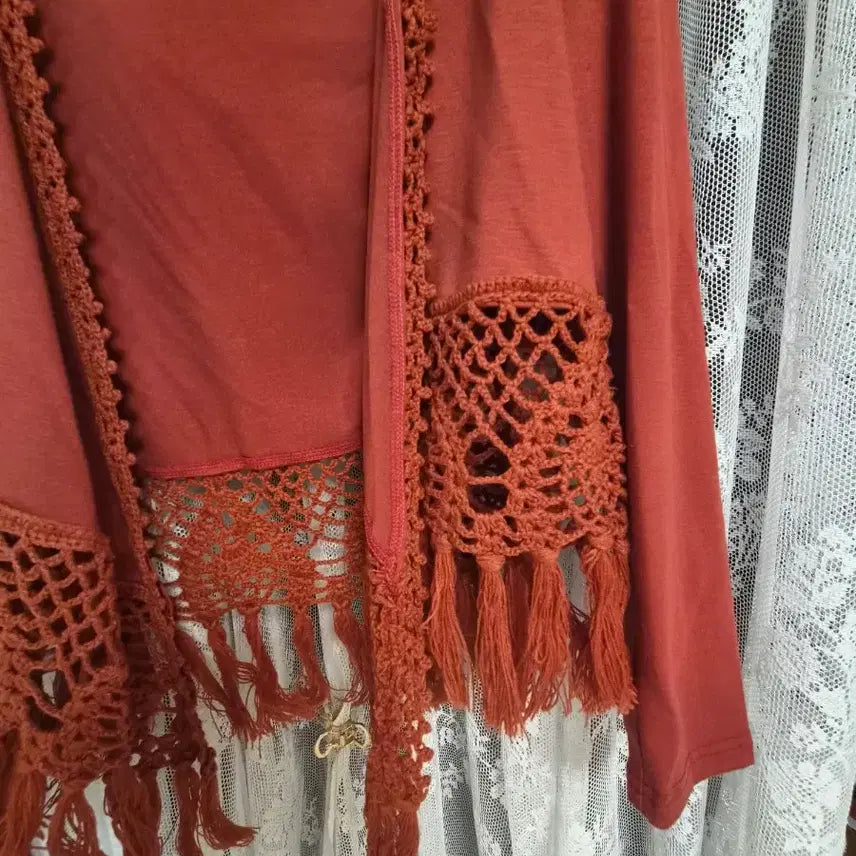 [BUNJANG] Orange Hooded Long Cardigan with Lace Trim / 오렌지색 후드 롱 가디건 레이스 덧댐