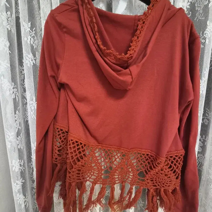 [BUNJANG] Orange Hooded Long Cardigan with Lace Trim / 오렌지색 후드 롱 가디건 레이스 덧댐