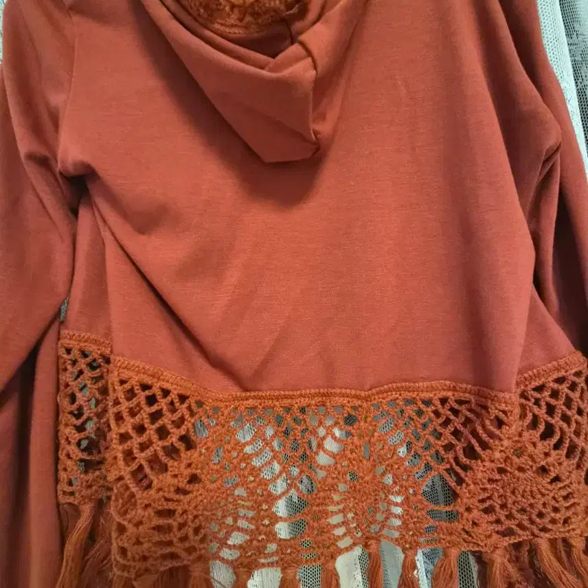 [BUNJANG] Orange Hooded Long Cardigan with Lace Trim / 오렌지색 후드 롱 가디건 레이스 덧댐