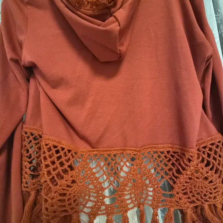 [BUNJANG] Orange Hooded Long Cardigan with Lace Trim / 오렌지색 후드 롱 가디건 레이스 덧댐