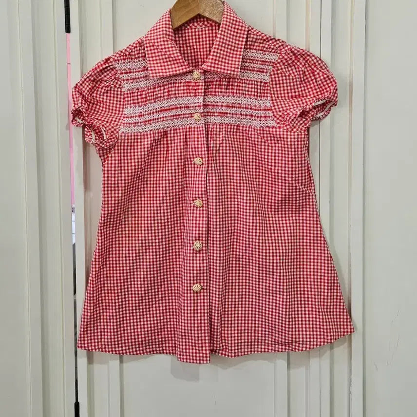 [BUNJANG] Vintage Red Gingham Blouse / 레드 체크 깅엄 반팔 블라우스