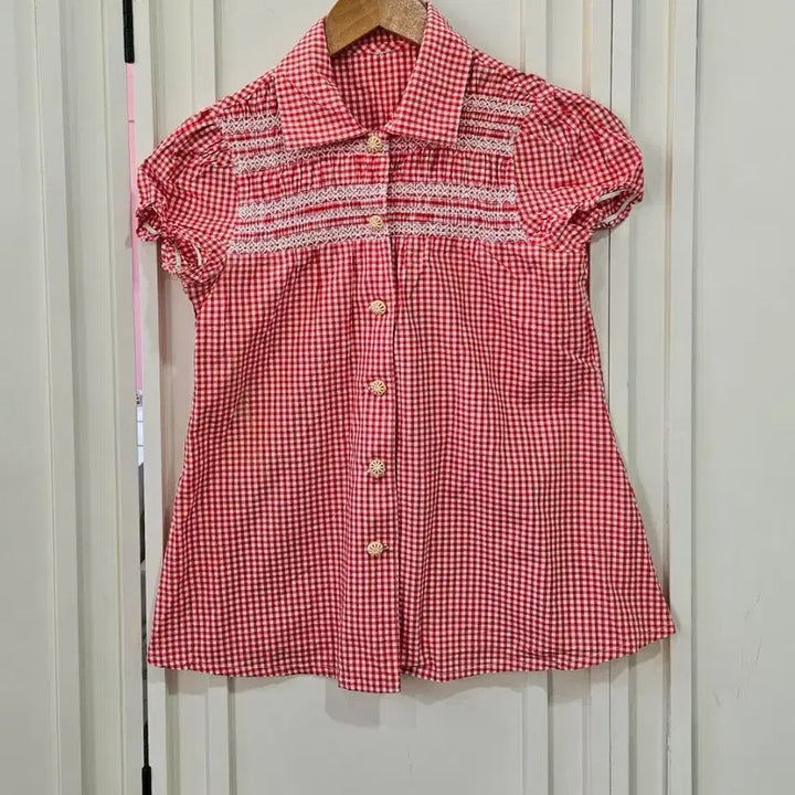 [BUNJANG] Vintage Red Gingham Blouse / 레드 체크 깅엄 반팔 블라우스