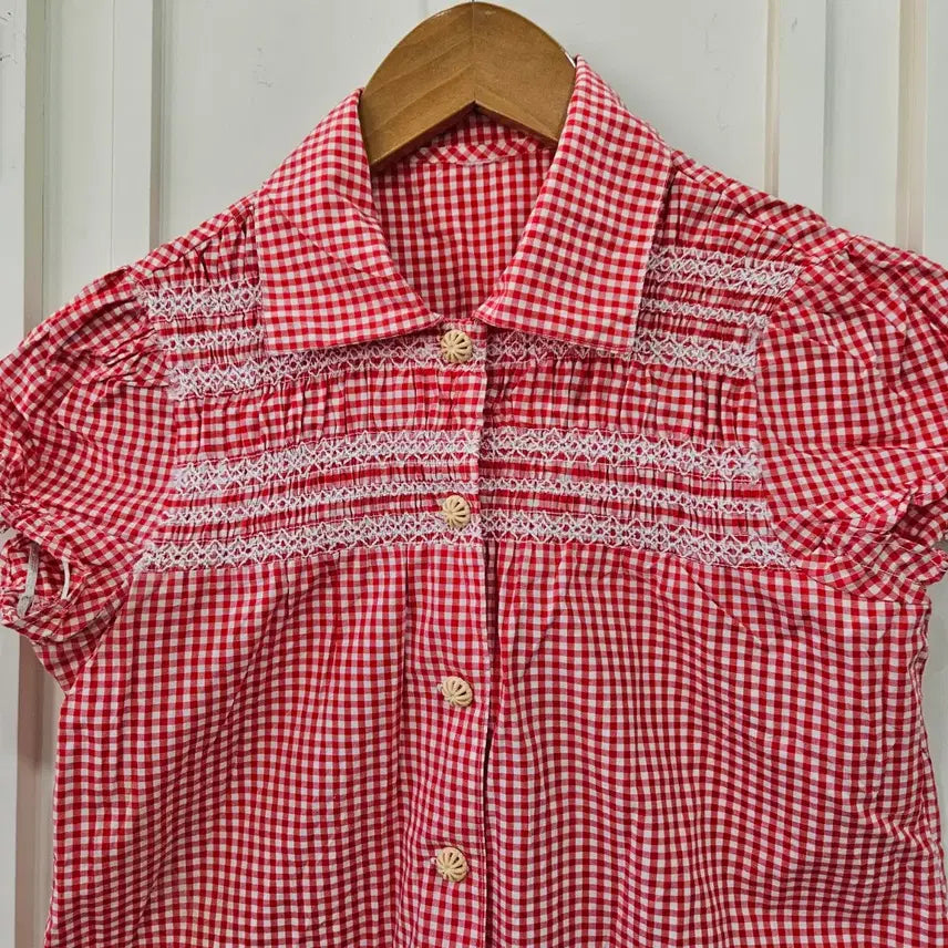 [BUNJANG] Vintage Red Gingham Blouse / 레드 체크 깅엄 반팔 블라우스
