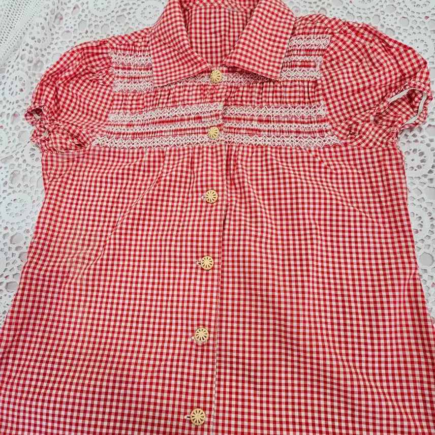 [BUNJANG] Vintage Red Gingham Blouse / 레드 체크 깅엄 반팔 블라우스