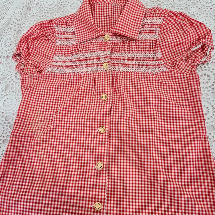 [BUNJANG] Vintage Red Gingham Blouse / 레드 체크 깅엄 반팔 블라우스