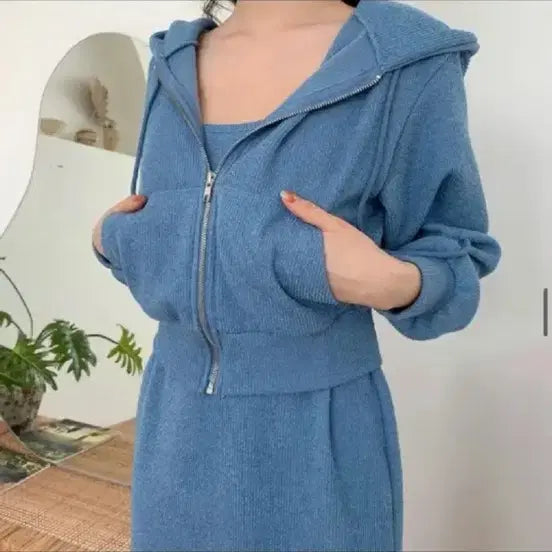 [BUNJANG] Knit Hooded Zip-up Skirt Set - Sky Blue / 니트 후드집업 스커트 세트 하늘색