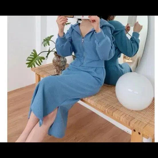 [BUNJANG] Knit Hooded Zip-up Skirt Set - Sky Blue / 니트 후드집업 스커트 세트 하늘색
