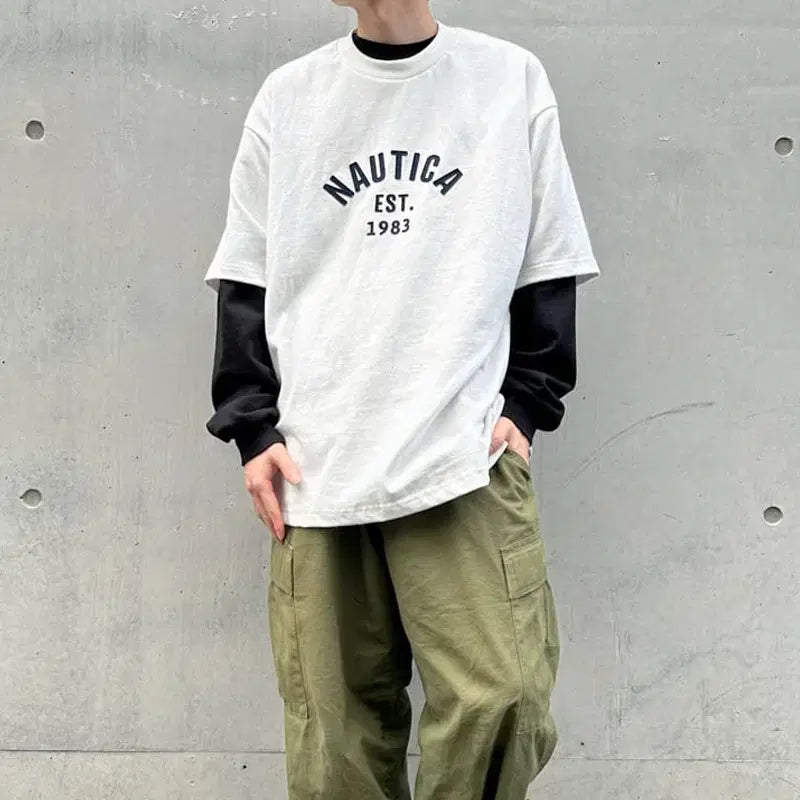 [BUNJANG] Nautica Japan Embroidered Arch Logo Oversized Short Sleeve T-Shirt / 노티카재팬 자수 아치 로고 오버 반팔 s~xl 새상품 특가