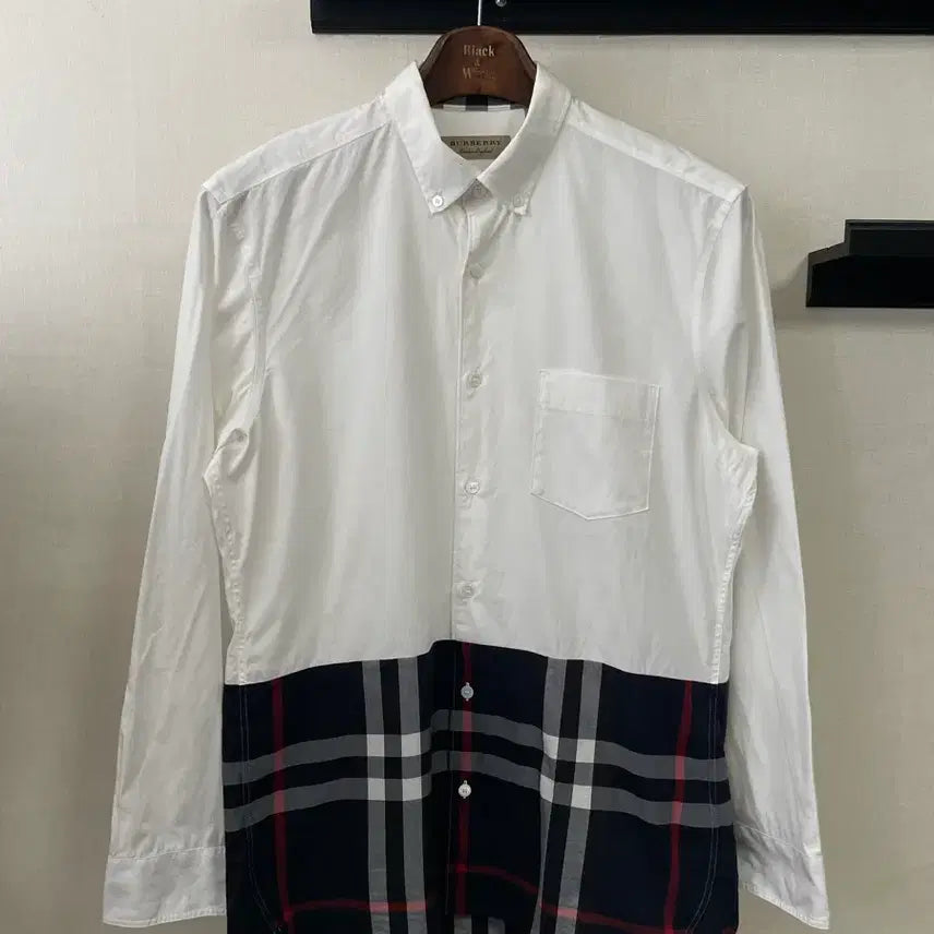 [BUNJANG] Burberry Checkered Accent Shirt M / 버버리 화이트/체크 배색 셔츠 M