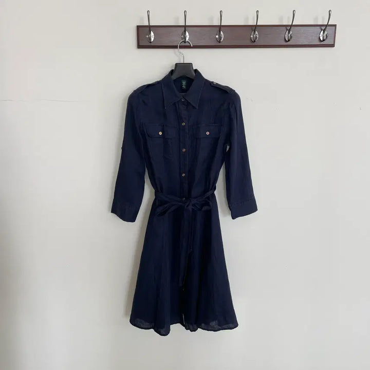 [SOLD OUT] 랄프로렌 여성m 풀 린넨 네이비 견장 벨티드 셔츠 원피스