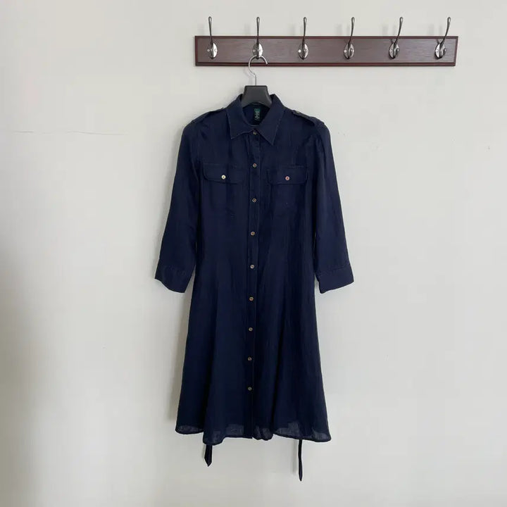 [SOLD OUT] 랄프로렌 여성m 풀 린넨 네이비 견장 벨티드 셔츠 원피스