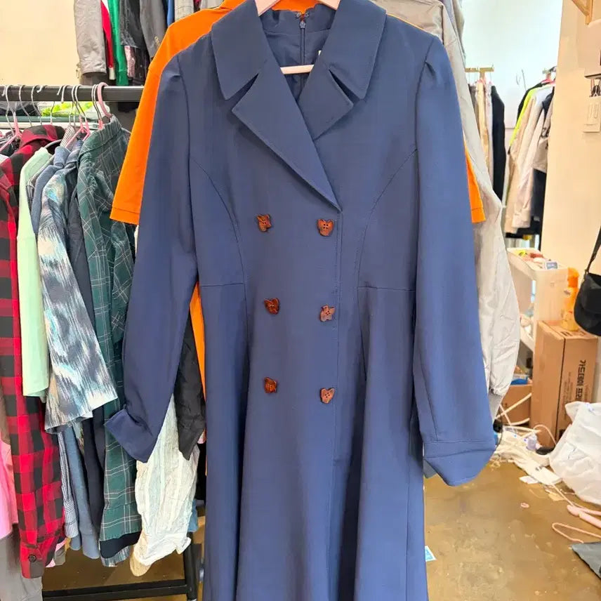 [BUNJANG] Ziggot Navy Double Button Long Coat Dress / 지고트 네이비 더블 버튼 롱 코트 원피스