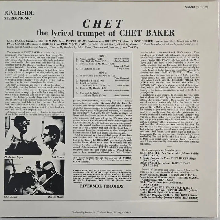 [BUNJANG] Chet Baker Chet Vinyl Record (1980s OJC Series) / Chet Baker의 Chet 엘피 (1980년대 OJC 시리즈)