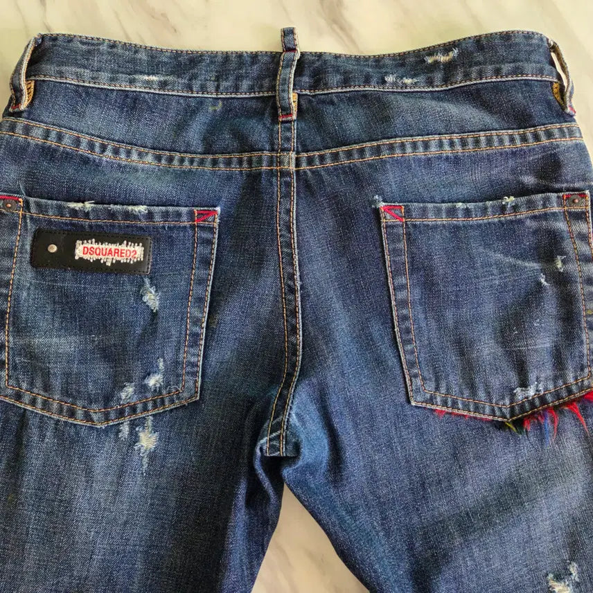 [BUNJANG] Dsquared2 Retro Kenny Twist Tartan Check Leather Patch Denim Pants / 디스퀘어드 리트로 케니슈슬 타탄체크 레더패치 데님팬츠
