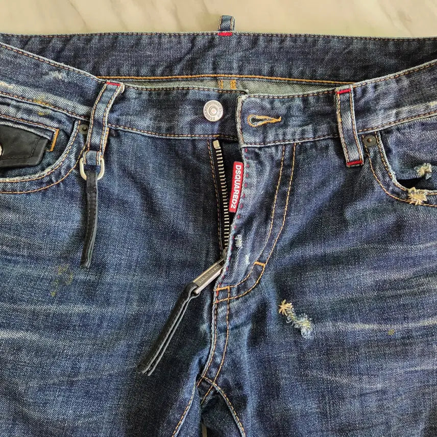 [BUNJANG] Dsquared2 Retro Kenny Twist Tartan Check Leather Patch Denim Pants / 디스퀘어드 리트로 케니슈슬 타탄체크 레더패치 데님팬츠