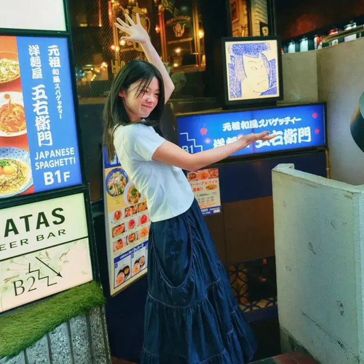 [BUNJANG] Roerchual Red Stitch Denim Tiered Skirt / 로액슈얼 레드 스티치 데님 티어드 스커트
