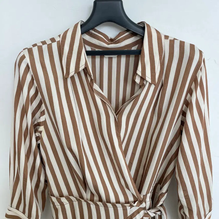 [SOLD OUT] 타임1993 여성55-66 브라운,아이보리 스트라이프 랩 롱 원피스