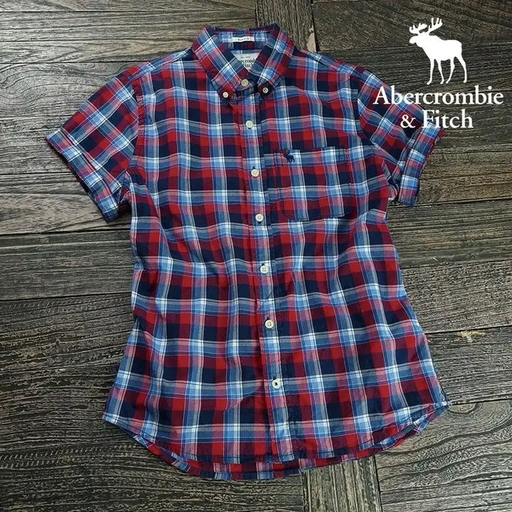 [BUNJANG] Abercrombie Logo Embroidered Vintage Check Short Sleeve Shirt / 아베크롬비 로고 자수 빈티지 체크 반팔 셔츠 M20227
