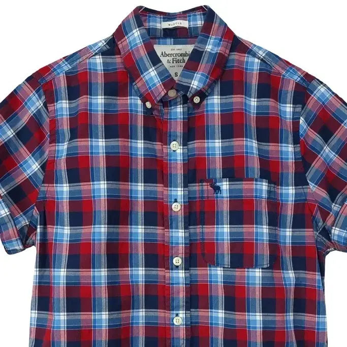 [BUNJANG] Abercrombie Logo Embroidered Vintage Check Short Sleeve Shirt / 아베크롬비 로고 자수 빈티지 체크 반팔 셔츠 M20227
