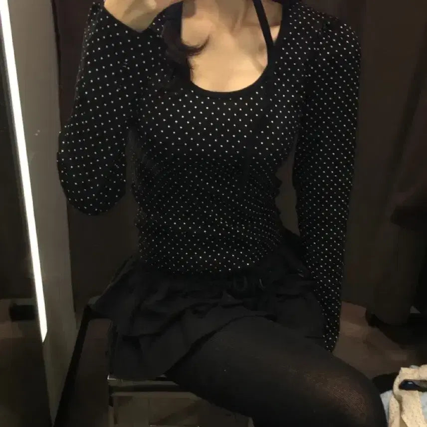 [BUNJANG] Black Dot Puff Sleeve Long Sleeve Top / 블랙 도트 퍼프 긴팔티