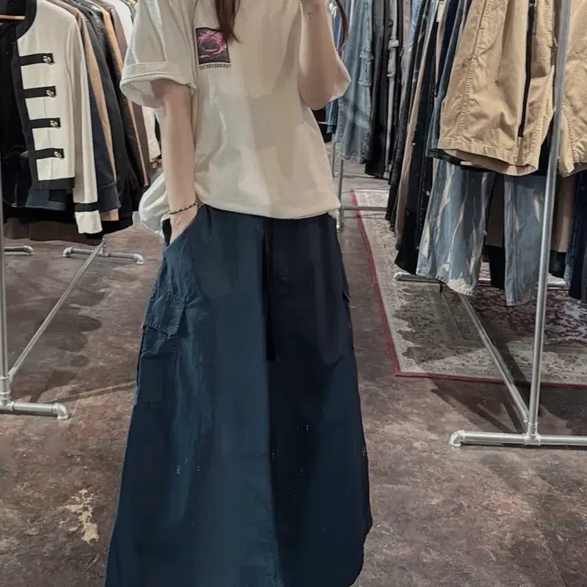 [BUNJANG] Eddie Bauer Navy Windbreaker Nylon Long Skirt / 에디바우어 네이비 원드브레이커 나일론 밴딩 롱 스커트 L