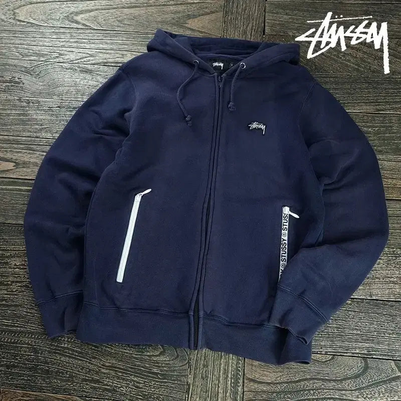 [BUNJANG] Stussy Logo Patch Hoodie Zip-Up Navy (P01634) / 스투시 로고 패치 후드 집업 네이비 P01634