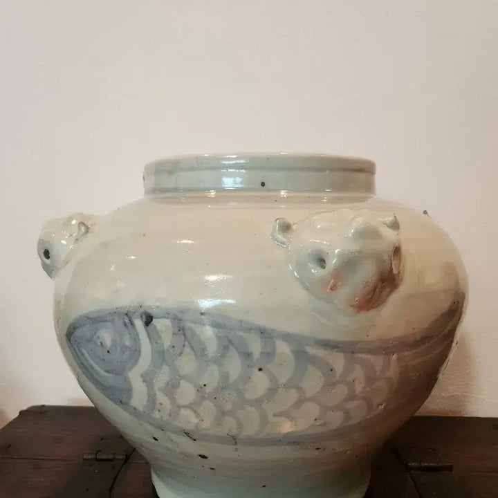[BUNJANG] Celadon Porcelain Four-Eared Fish Motif Large Vase / 청화백자 사귀 어문 대호