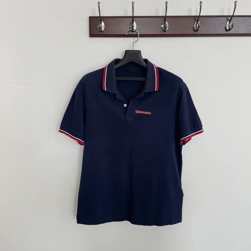 [BUNJANG] Prada Unisex Linea Rossa Navy PK Short Sleeve T-shirt / 프라다 공용L 리네아로사 네이비 PK 피케 반팔 티셔츠