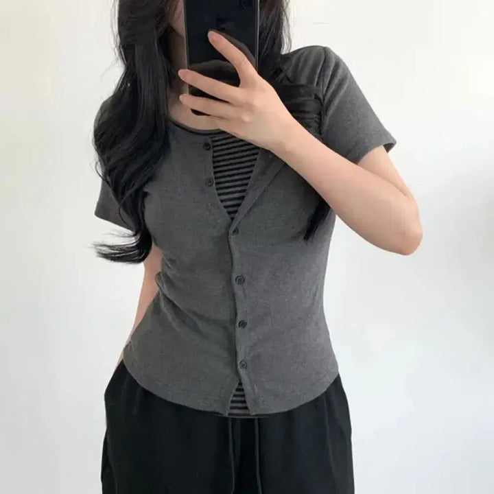 [BUNJANG] Layered Short-Sleeve Cardigan / 레이어드 반팔 가디건