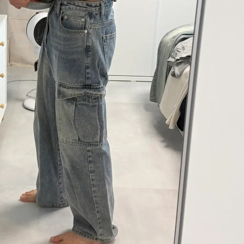 [BUNJANG] NEUJOH Washed Denim Cargo Wide Pants / 느좋 워싱 데님 카고 와이드 팬츠