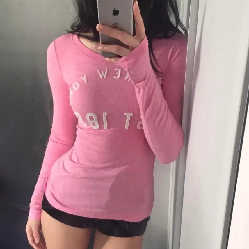 [BUNJANG] Abercrombie Slim Fit Pink Sequin Long Sleeve / Abercrombie 아베크롬비 슬림핏 딸기우유 스팽글 롱슬리브