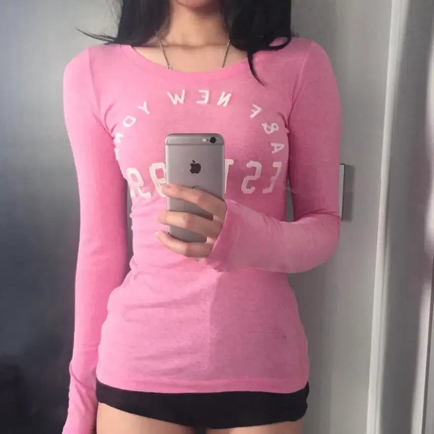 [BUNJANG] Abercrombie Slim Fit Pink Sequin Long Sleeve / Abercrombie 아베크롬비 슬림핏 딸기우유 스팽글 롱슬리브