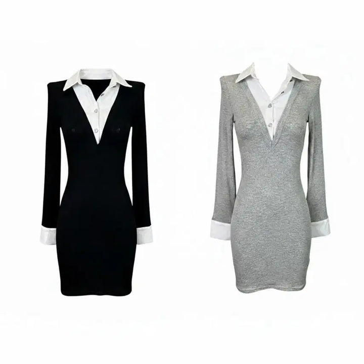 [BUNJANG] 2-Color Collar Neck Knit Mini Shirt V-Neck Dress / [새상품/빠른발송] 2color 카라넥 니트 미니 셔츠 브이넥 원피스