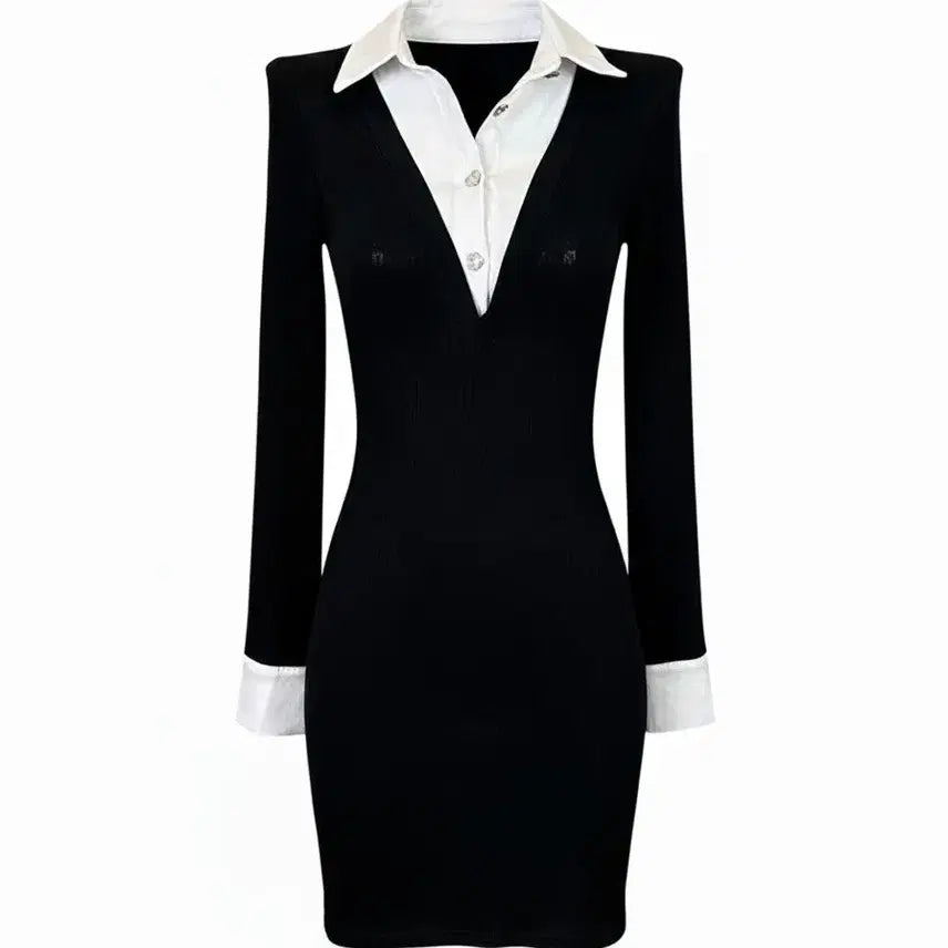 [BUNJANG] 2-Color Collar Neck Knit Mini Shirt V-Neck Dress / [새상품/빠른발송] 2color 카라넥 니트 미니 셔츠 브이넥 원피스