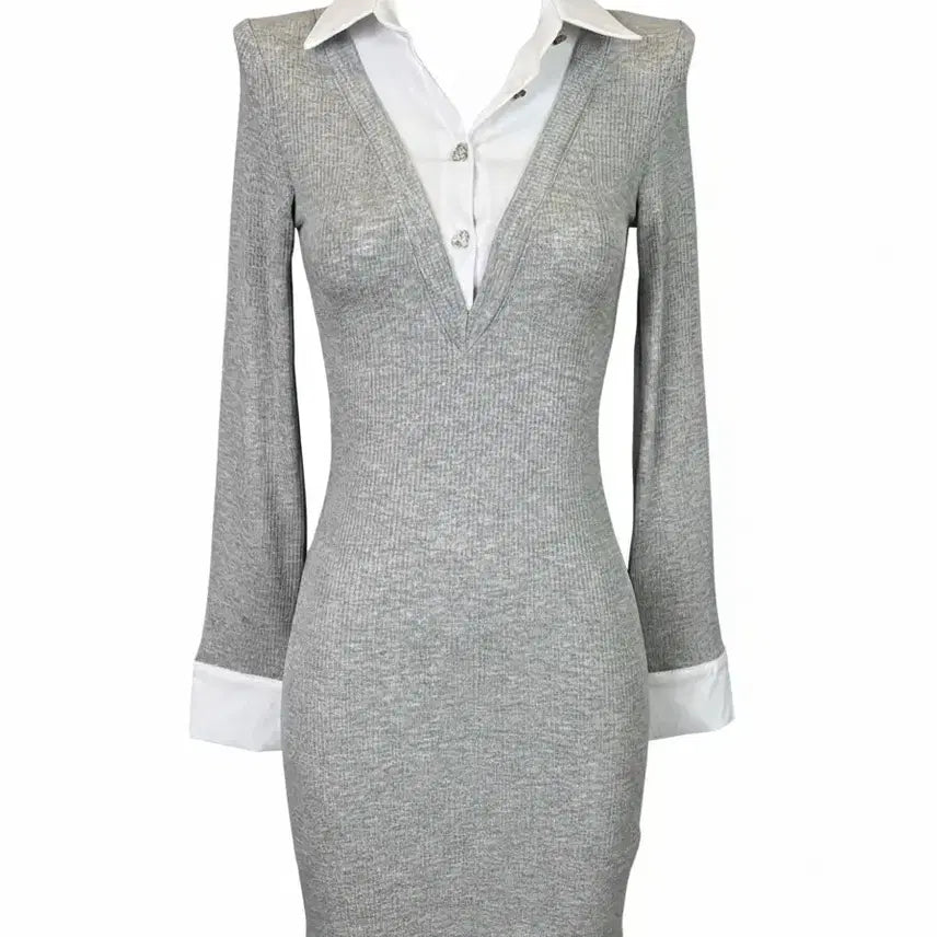 [BUNJANG] 2-Color Collar Neck Knit Mini Shirt V-Neck Dress / [새상품/빠른발송] 2color 카라넥 니트 미니 셔츠 브이넥 원피스