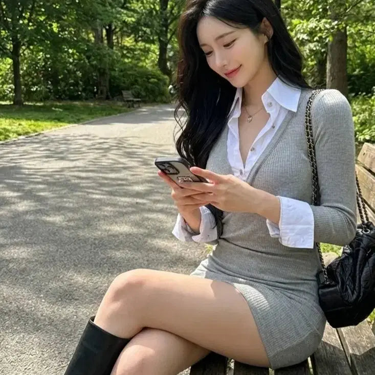 [BUNJANG] 2-Color Collar Neck Knit Mini Shirt V-Neck Dress / [새상품/빠른발송] 2color 카라넥 니트 미니 셔츠 브이넥 원피스