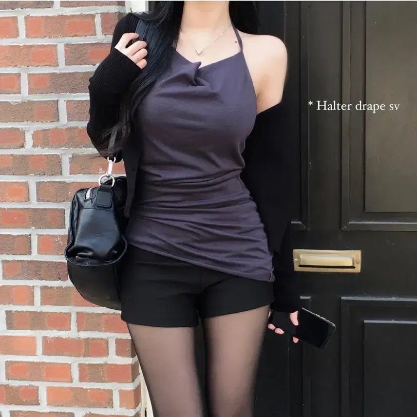 [BUNJANG] Leez River Drape Halterneck Tank Top &amp; Cardigan Set / 리즈리버 드레이프 홀터넥 나시 + 가디건 세트