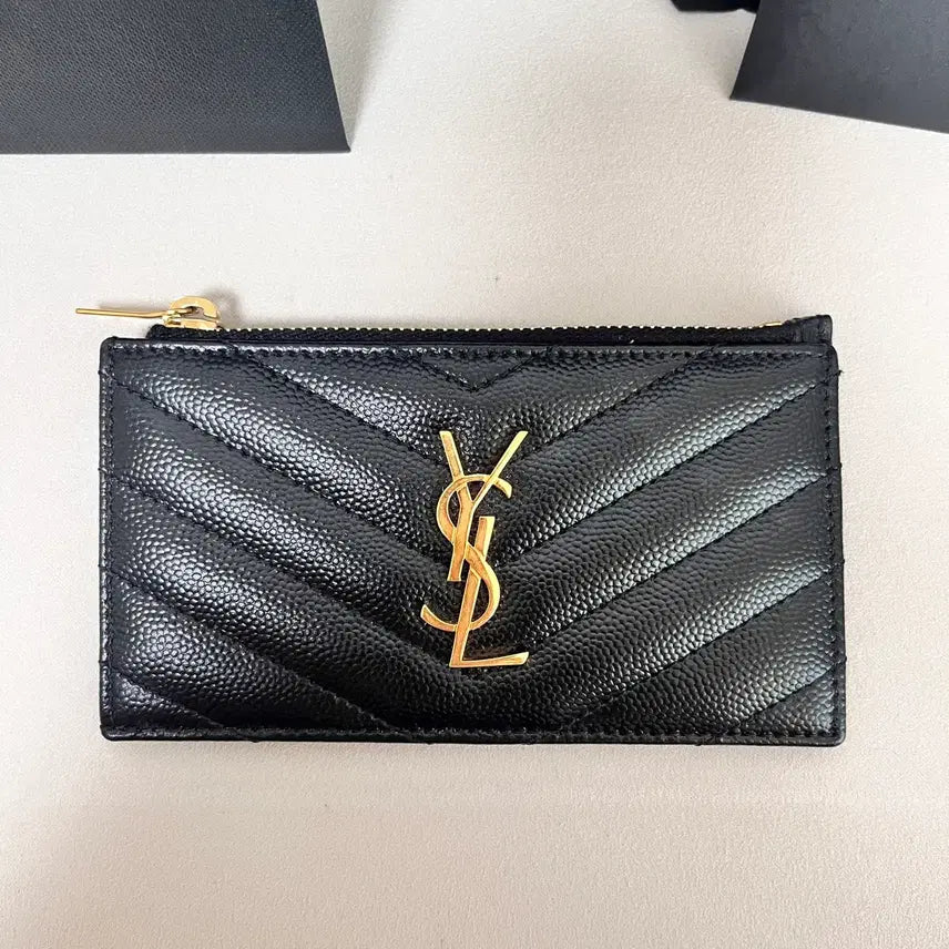 [BUNJANG] Saint Laurent Grained Embossed Leather Gold Monogram Fragment Zipper Card Case Black / [S급/정품] 생로랑 지퍼 카드 지갑 홀더 케이스 블랙 금장