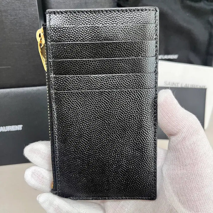 [BUNJANG] Saint Laurent Grained Embossed Leather Gold Monogram Fragment Zipper Card Case Black / [S급/정품] 생로랑 지퍼 카드 지갑 홀더 케이스 블랙 금장