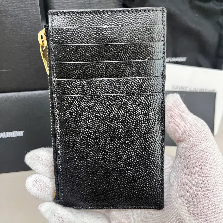 [BUNJANG] Saint Laurent Grained Embossed Leather Gold Monogram Fragment Zipper Card Case Black / [S급/정품] 생로랑 지퍼 카드 지갑 홀더 케이스 블랙 금장