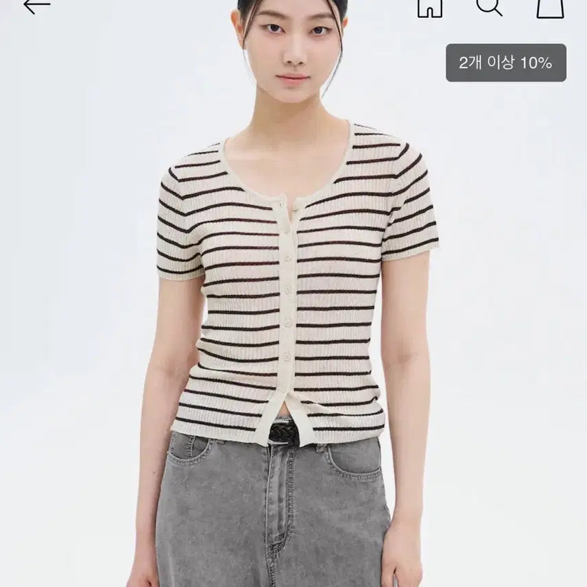 [BUNJANG] 8seconds Ribbed Stripe Short Sleeve Cardigan (Brown) / 8seconds 에잇세컨즈 골지 스트라이프 반소매 가디건(S)