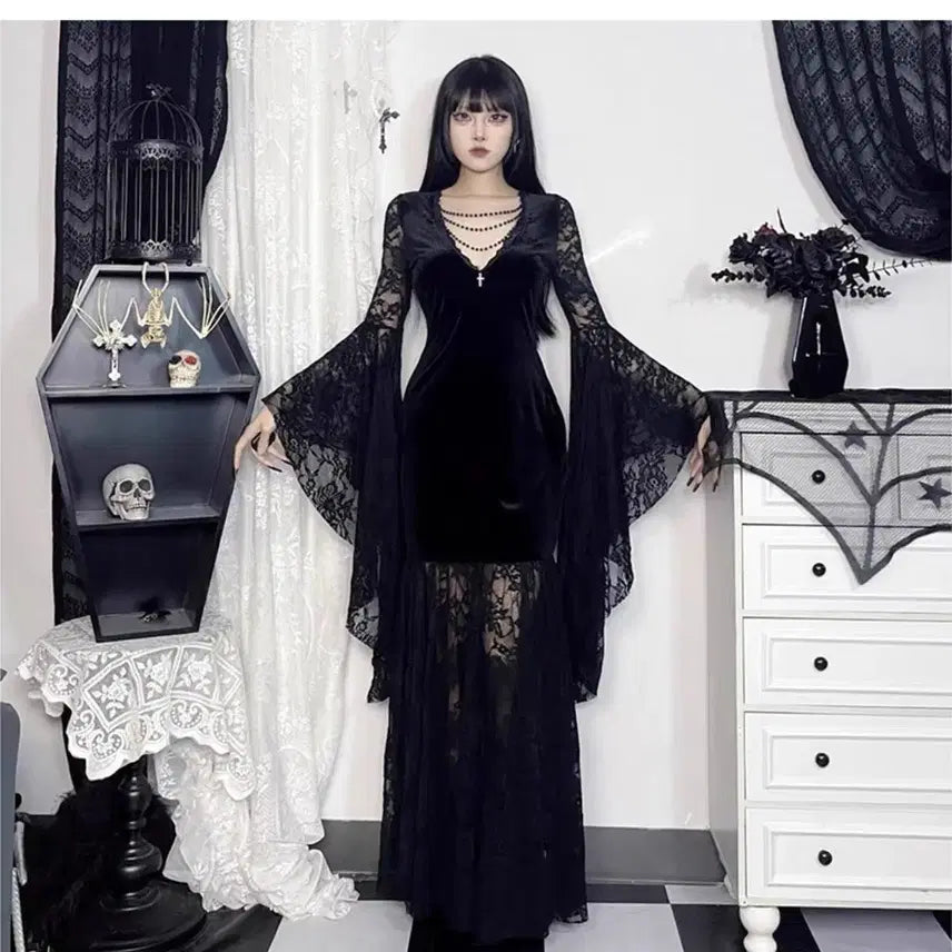 [BUNJANG] Gothic Dark Lace Velvet Long Dress / 고딕 다크 레이스 벨벳 롱드레스