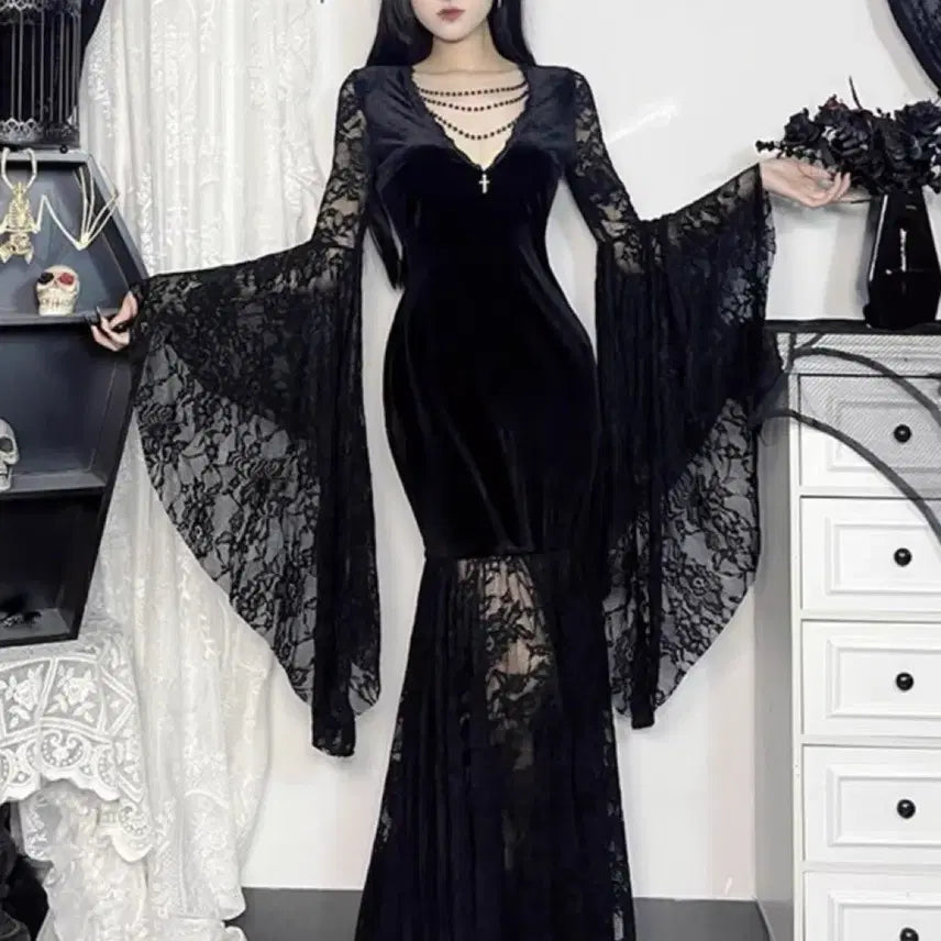 [BUNJANG] Gothic Dark Lace Velvet Long Dress / 고딕 다크 레이스 벨벳 롱드레스