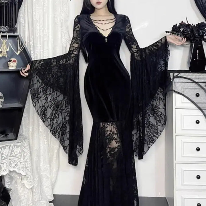 [BUNJANG] Gothic Dark Lace Velvet Long Dress / 고딕 다크 레이스 벨벳 롱드레스