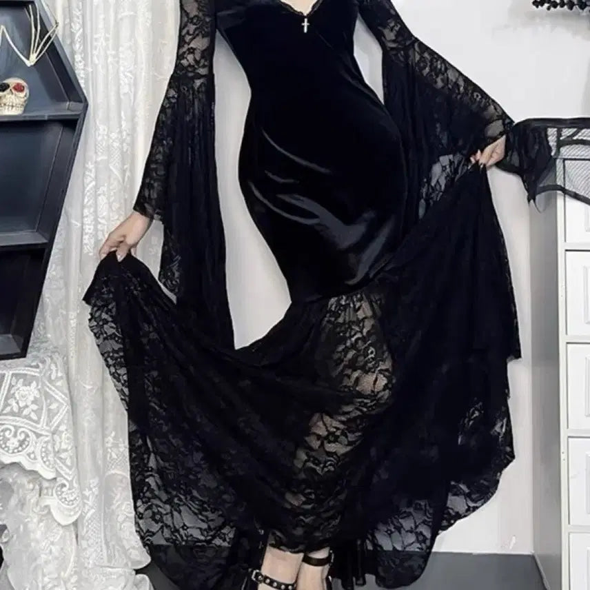 [BUNJANG] Gothic Dark Lace Velvet Long Dress / 고딕 다크 레이스 벨벳 롱드레스