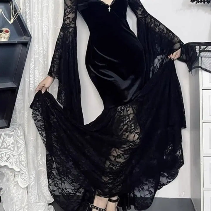 [BUNJANG] Gothic Dark Lace Velvet Long Dress / 고딕 다크 레이스 벨벳 롱드레스