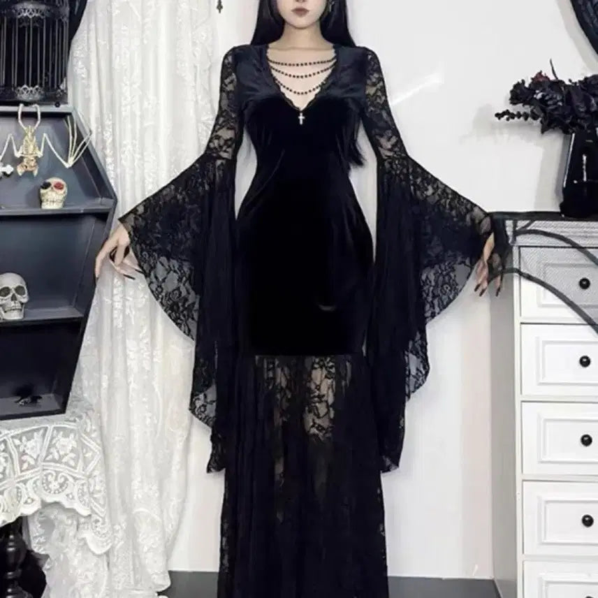 [BUNJANG] Gothic Dark Lace Velvet Long Dress / 고딕 다크 레이스 벨벳 롱드레스