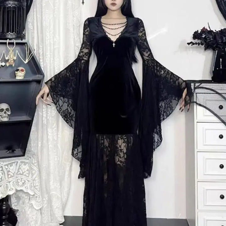 [BUNJANG] Gothic Dark Lace Velvet Long Dress / 고딕 다크 레이스 벨벳 롱드레스
