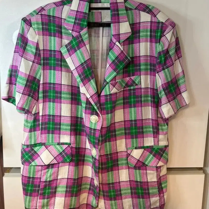 [BUNJANG] Linen Blend Check Short Sleeve Oversized Jacket / 체크 반팔 오버핏린넨자켓